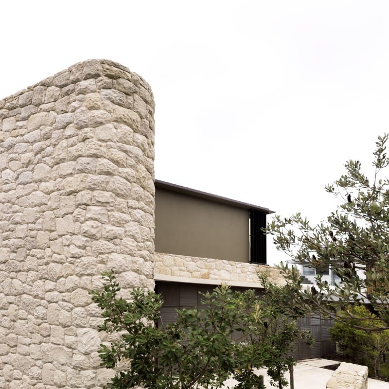 Luigi Rosselli, Cantilever House, Sandstone Cladding, Garage Door, Frameless Glass Balustrade, Stone, Sandstone