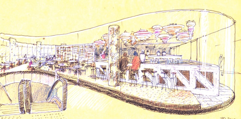 Luigi Rosselli, Perspective Sketch, Yellow Trace Sketch, Restaurant Design, Commerical