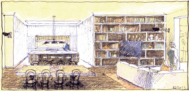 Luigi Rosselli, Library, Custom Joinery, Library Design, Bookshelves, Study, Sketch, Perspective