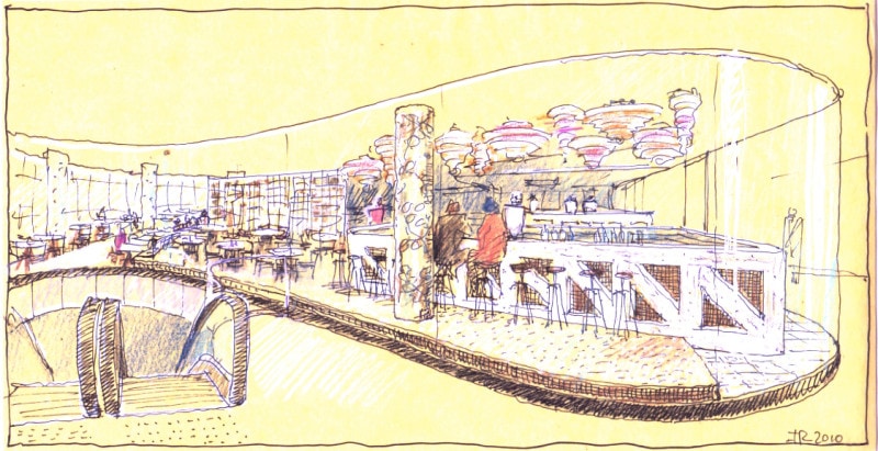 Luigi Rosselli, Perspective, Sketch, Restaurant, Cafe Design, Dining Area, Seating Area, Bar