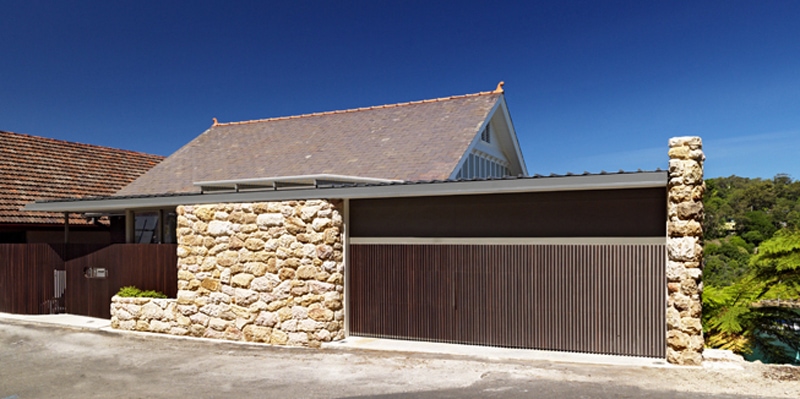 Pitched Roof, Luigi Rosselli, Timber Garage Door, Stone Cladding, Sandstone