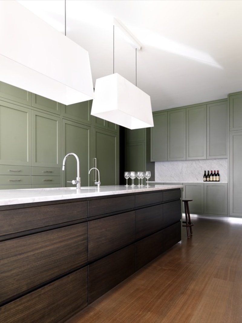 Luigi Rosselli, Olive Green Cabinets, Kitchen Joinery, Dark Walnut Kitchen Island Bench