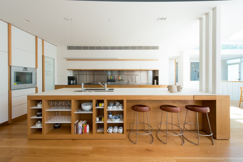Luigi Rosselli, Kitchen, Kitchen Design, Timber Veneer Kitchen Island Bench, Book Shelf, White Kitchen