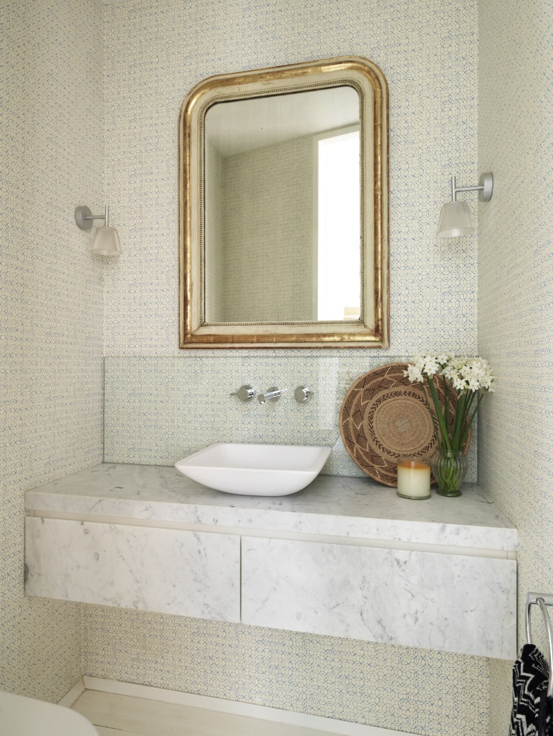Luigi Rosselli, Marble Vanity, Classical Style Mirror, Bathroom, Blue and cream pattern wallpaper powder room