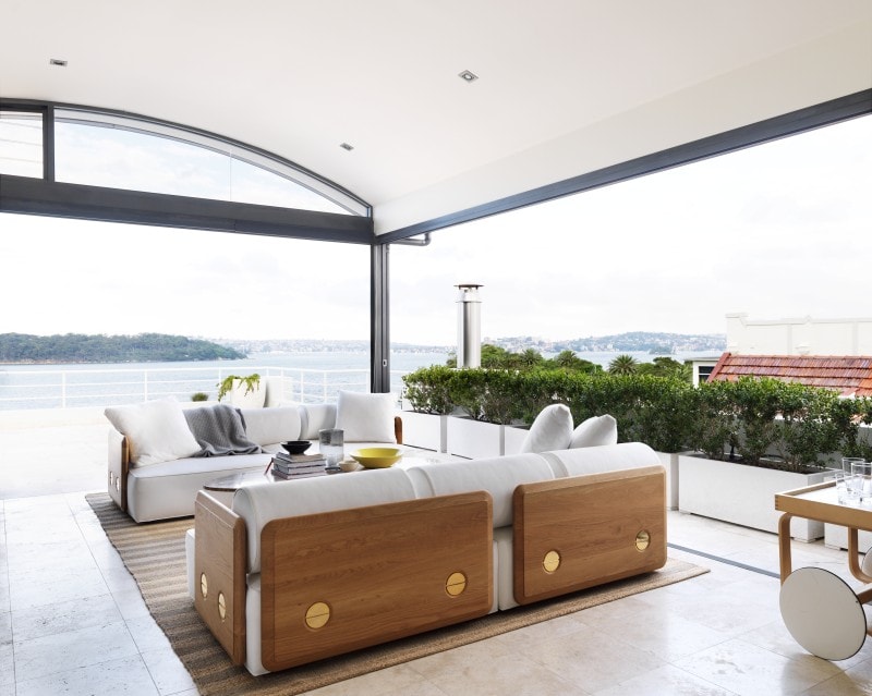 Luigi Rosselli, External Island Bench, External Seating, Lime stone tiled patio Arched roof vergola