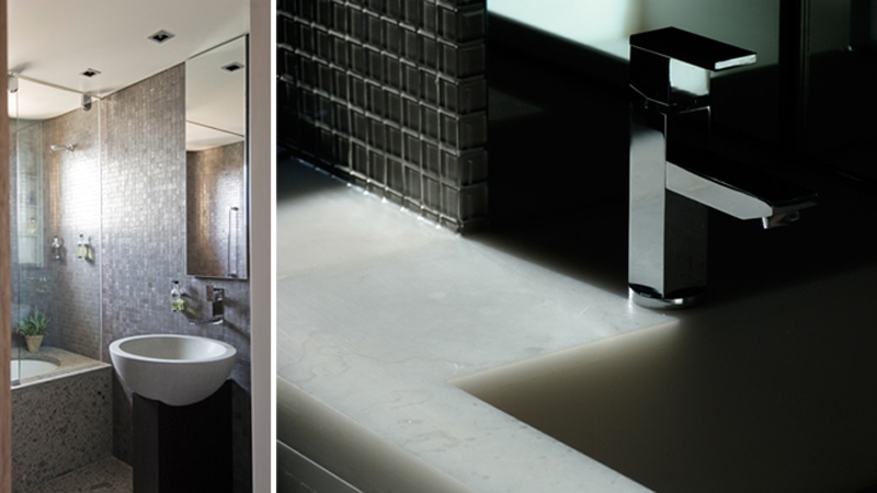 Luigi Rosselli, Bathroom, Tiled Mosaic Splashback, Resin Vanity, Built in Seamless Integrated Sink