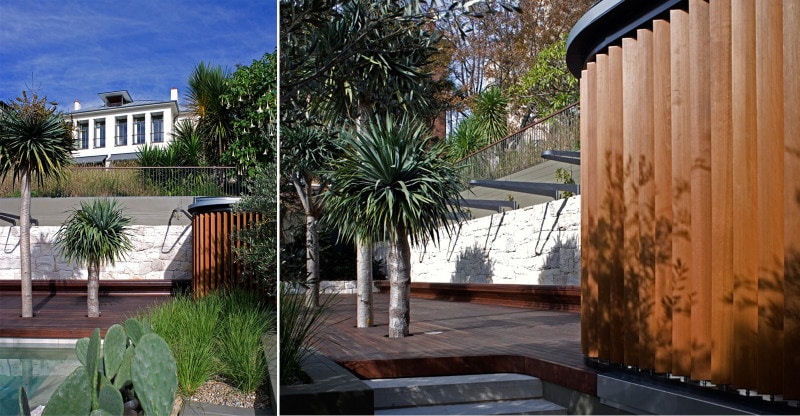 Luigi Rosselli, Timber Louvres, Timber Screen, Timber Deck with Landscaping, Stone, Sandstone Wall