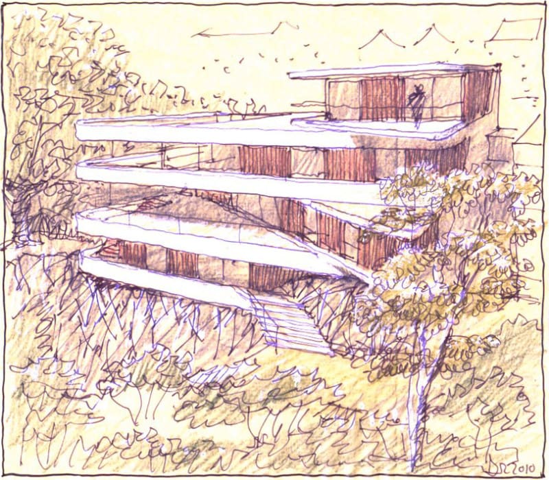 Luigi Rosselli, Hand Sketch, Cliff Top House, Aerial View