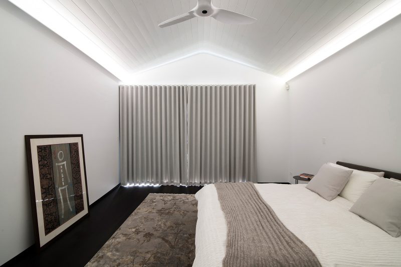 Bedroom White Timber panel lined raked ceiling, Luigi Rosselli, LED lighting, Bulkhead Lighting, Ceiling Fan