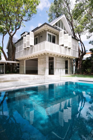Monolithic Base, Swimming Pool, Pitched Roof, Traditional Architecture, Timber Shutters
