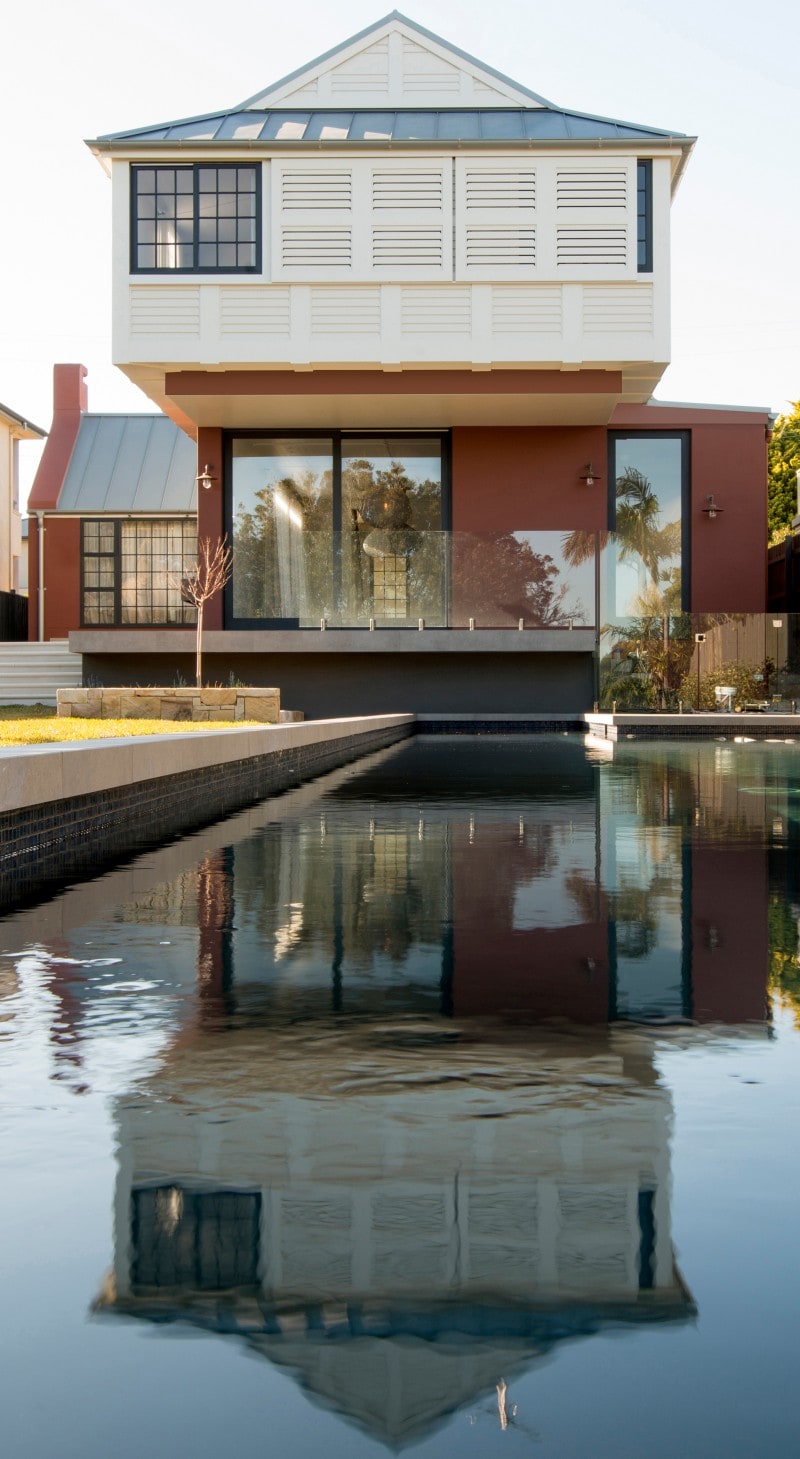 Covered Porch, Cantilevered Balancing Home Floor, Swimming Pool, Water Feature, Pitched Roof