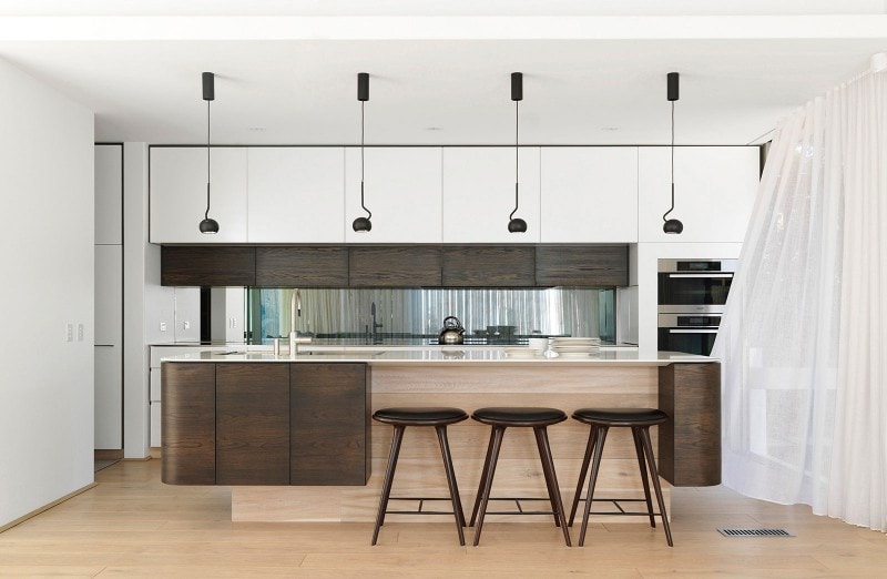 Luigi Rosselli, Contrasting Stained Oak Kitchen Bench, Engineered Timber Floorboards, Kitchen, Kitchen Design, Kitchen Island Bench