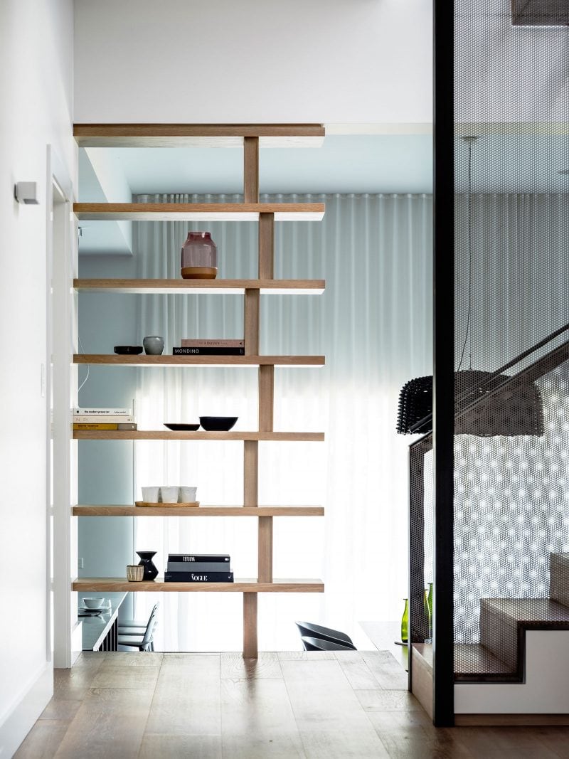 American Oak Flooring, Custom Designed Bookshelf, Metal Mesh Balustrade