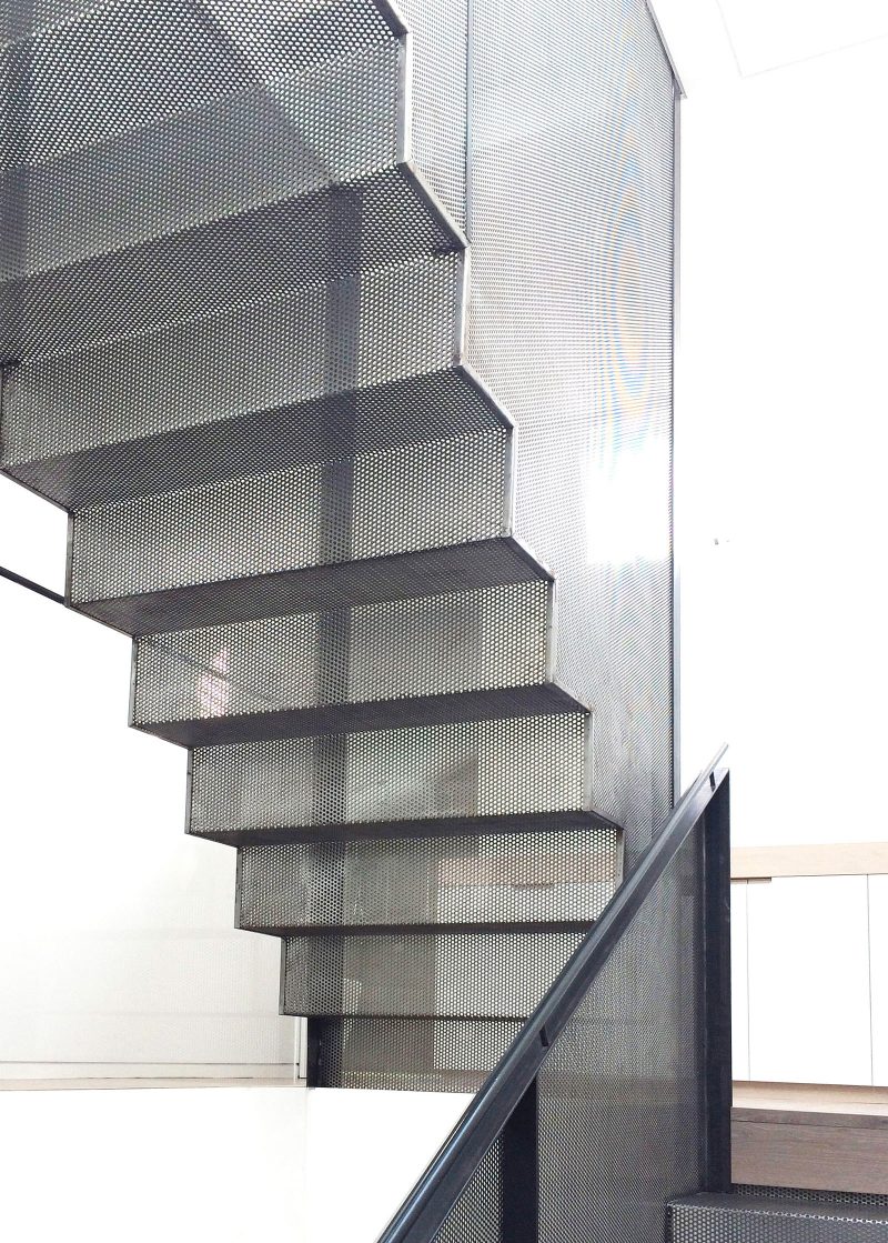 Semi-transparent Perforated Black Steel Staircase, Metal Mesh Balustrade, Stair Joinery, Mill FInish