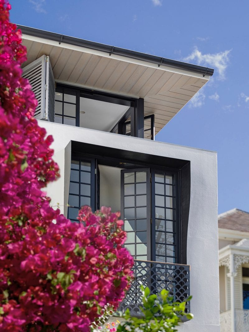Luigi Rosselli Architects | Bougainvillea Row House | Woollahra terrace house, Juliet balcony, timber french doors, bi-fold timber shutters