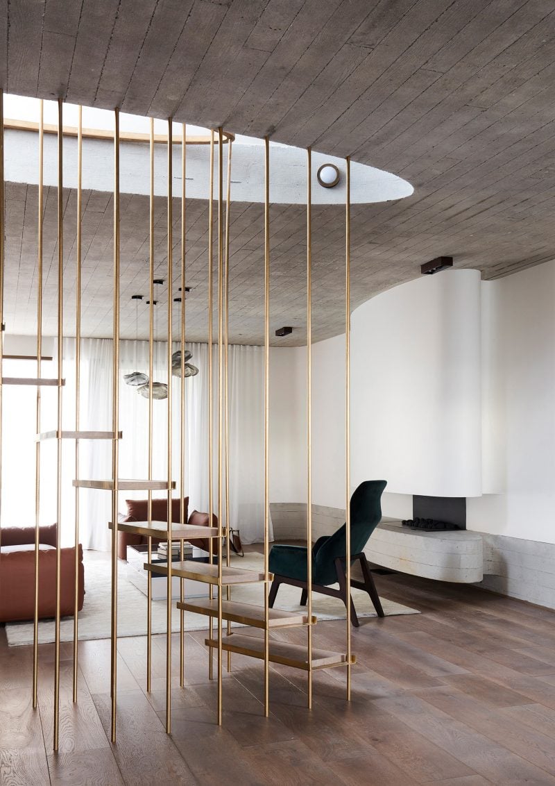 Luigi Rosselli Architects, interior, Mosman, brass, living room, oak timber, brass, fireplace