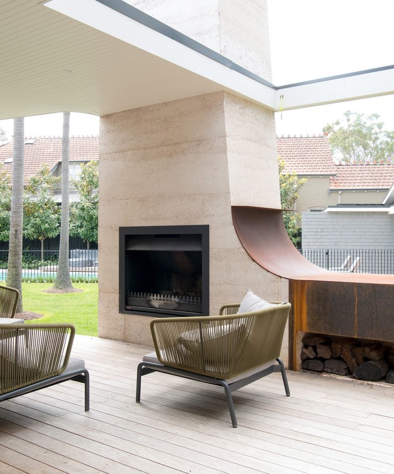 Luigi Rosselli, Wood Fire place, Rammed Earth Walls, Rammed Earth Chimney, Retractable Canvas Awning, Timber Floorboards