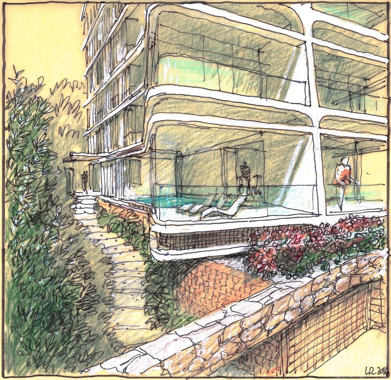 Luigi Rosselli yellow trace sketch, color pencil. Part of the building cantilevers over the side path; indoor pool and sundeck on the first floor