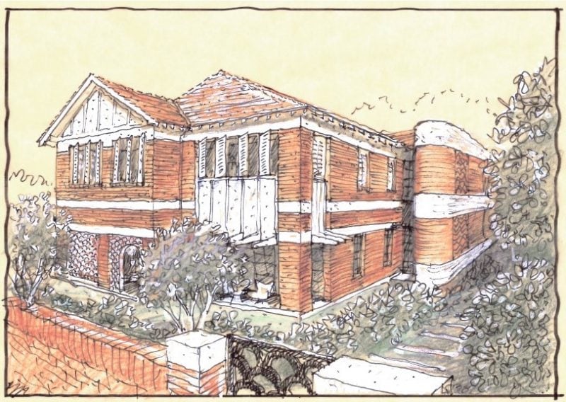 Luigi Rosselli yellow trace sketch of the side view of the apartment, showing its characteristic exposed brick and white bands, white shutters and brick screen
