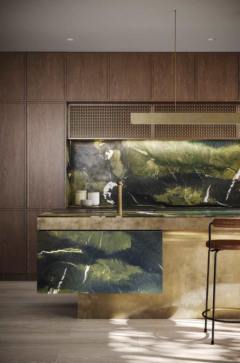 a dark Bolivian Quartzite with gold blooms was chosen for the kitchen benchtop and splashback, complemented by brass hardware and dark timber joinery