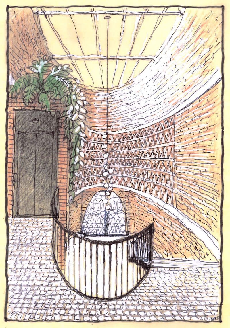 Luigi Rosselli yellow-trace sketch of the central stairwell with skylight and brick screen