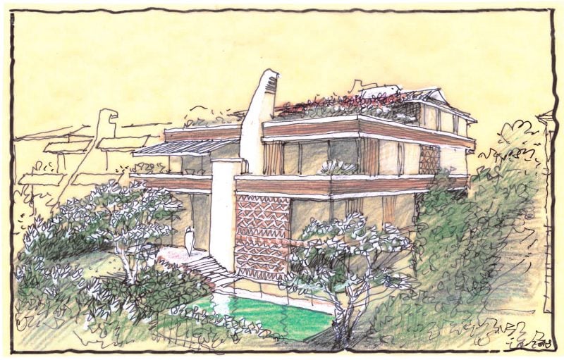Luigi Rosselli yellow-trace sketch of the rear with a pool, chimney and brick screen design established from the beginning