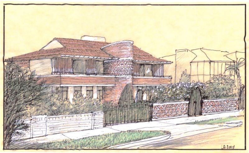 Luigi Rosselli yellow-trace sketch of the façade when approaching from the street during ideation phase
