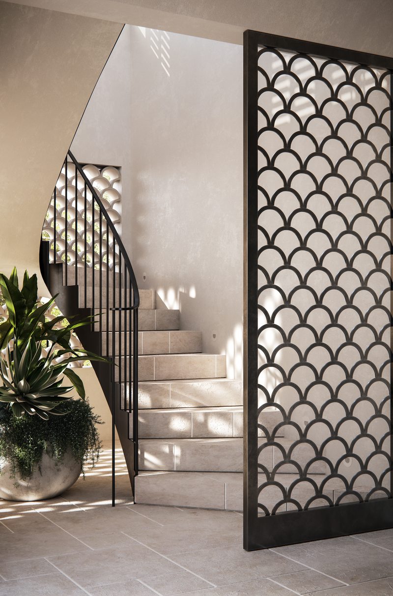mermaid scale patterned aluminum screens the lobby staircase, arbon marbled limestone tile flooring