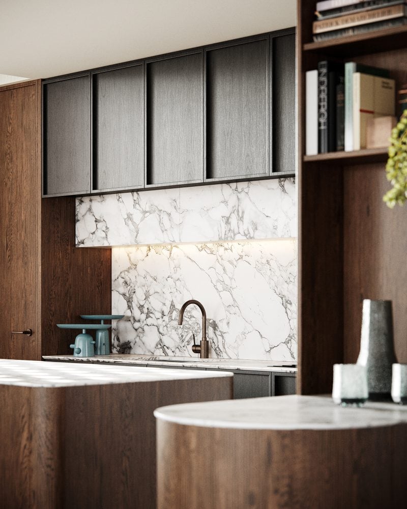 timber veneer kitchen joinery storing cookbooks, Carrara marble benchtop and splash back, bronze tapware