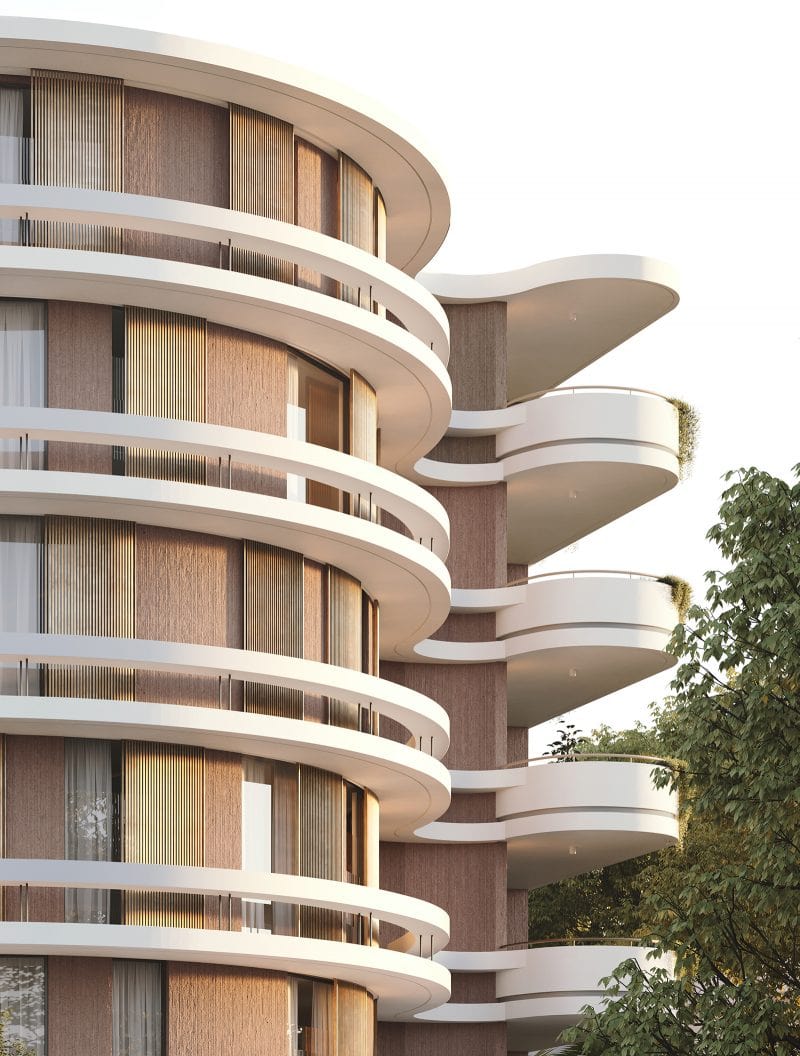 The rounded stairwell and cylindrical bookend is in Luigi Rosselli's signature sinous style, and strongly emphasised by the strong white horizontal bands of sunshade and balustrade wrapping around the building