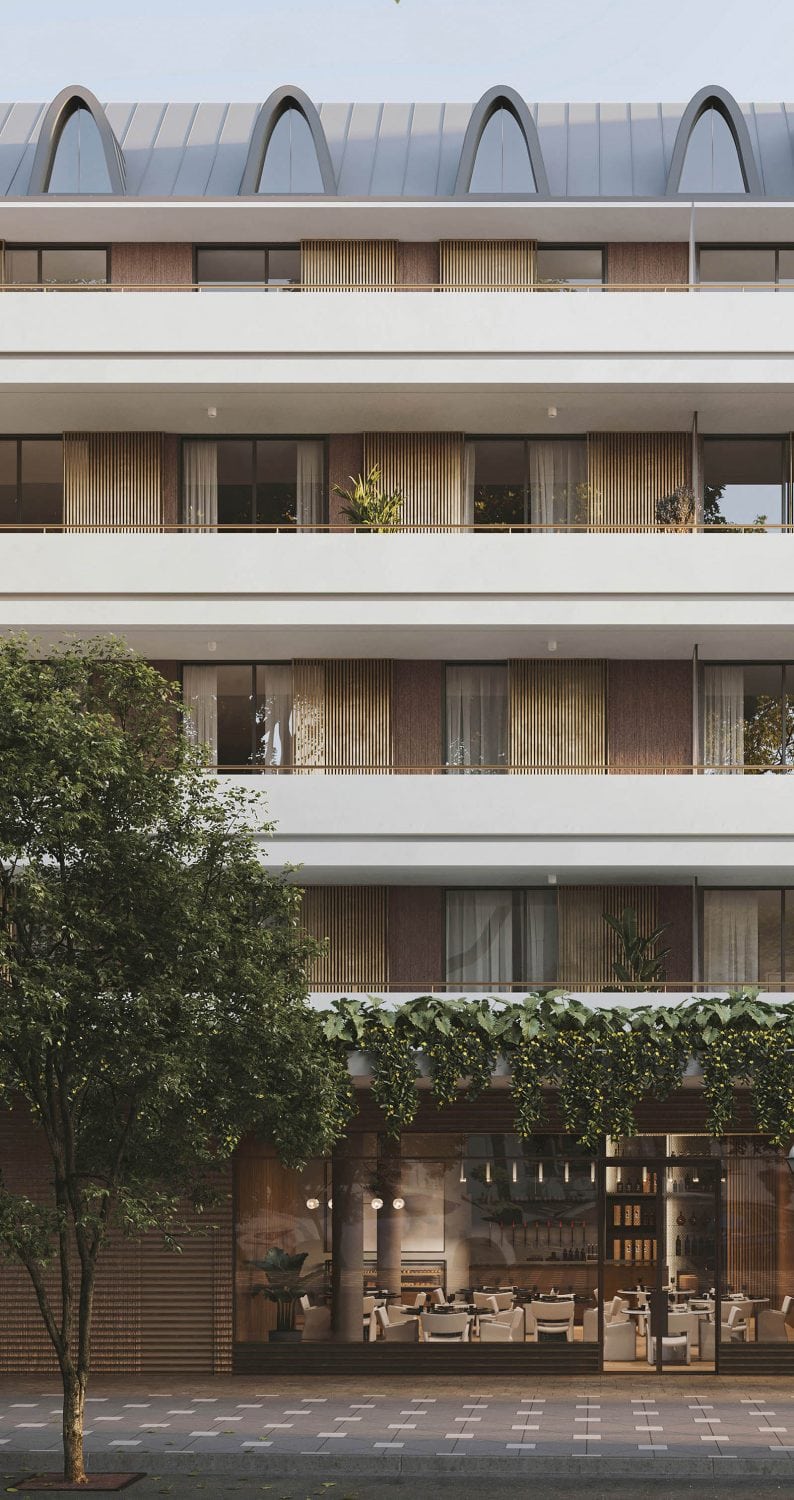 Full-height low-reflectivity front windows invites people to dine lavishly while aluminium screens shade the upper residential floors from the street