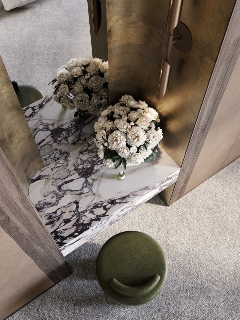 lobby powder nook, arabescato corchia marble, brass accented mirror