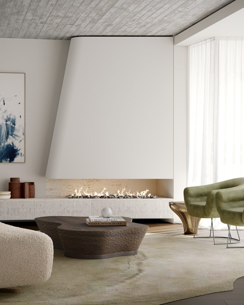 luxurious living room designing, contemporary curved white fireplace, matcha armchairs and rug, organically shaped coffee table