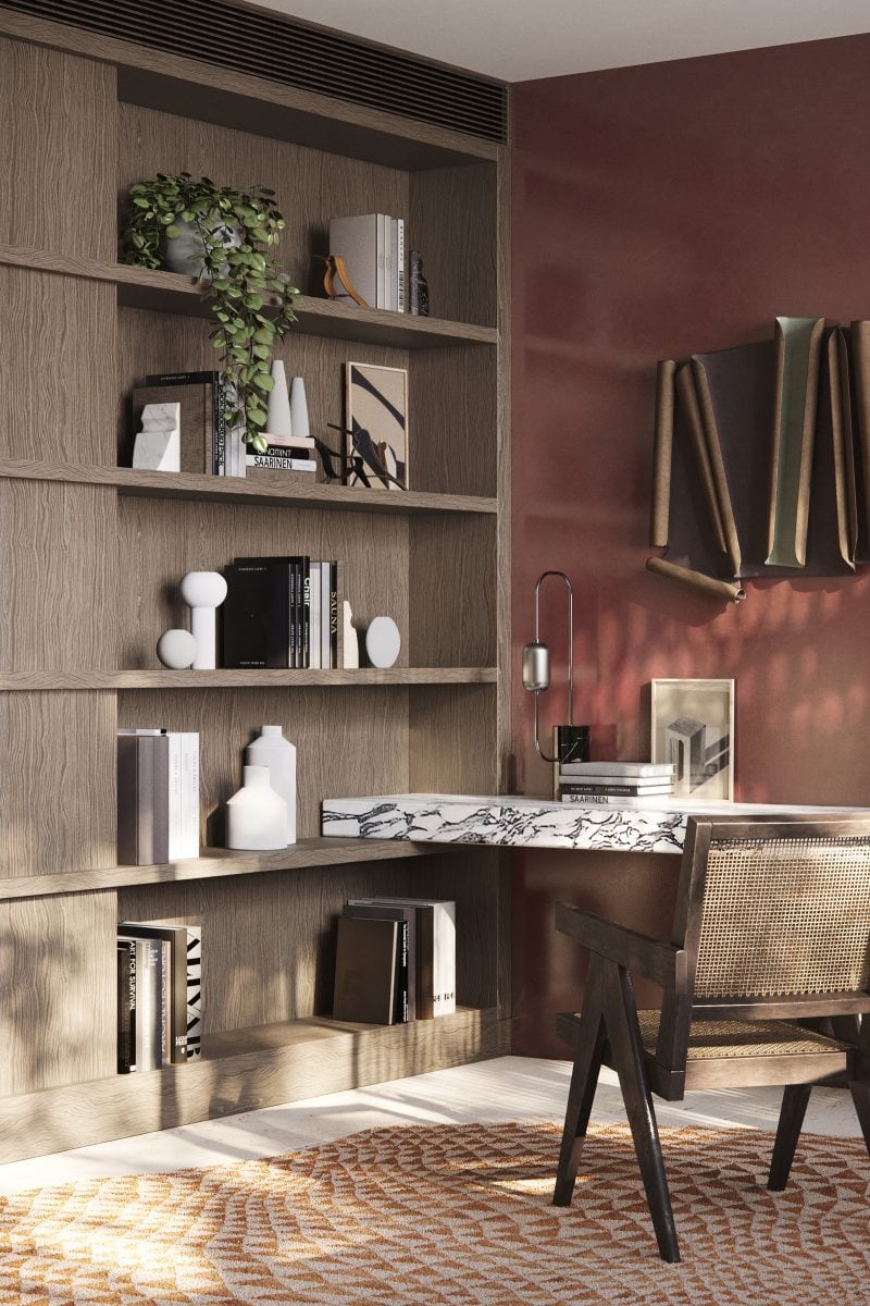study, office, full-height built-in timber bookshelf, marble desk