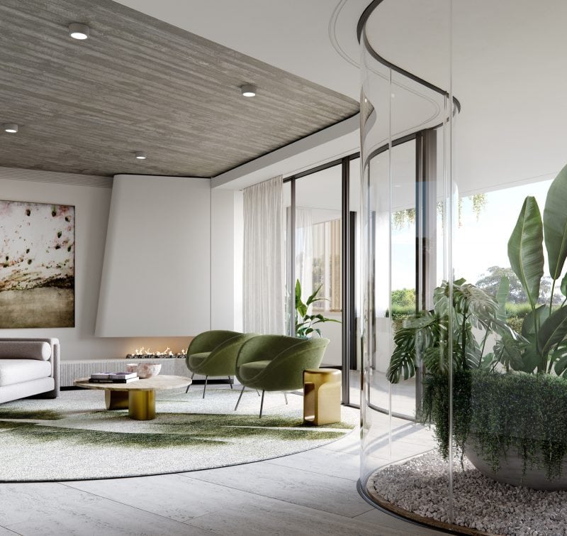 The living room -- the curving of the full height glass panels to embrace large potted plants on the balcony visually blends the interior and exterior