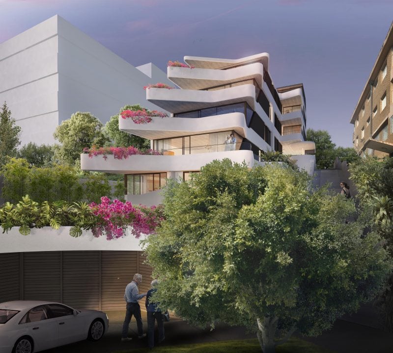 CGI of the frontage of Ladera apartment, with sinuous and asymmetrical terraces overflowing with planting cascades down the hill