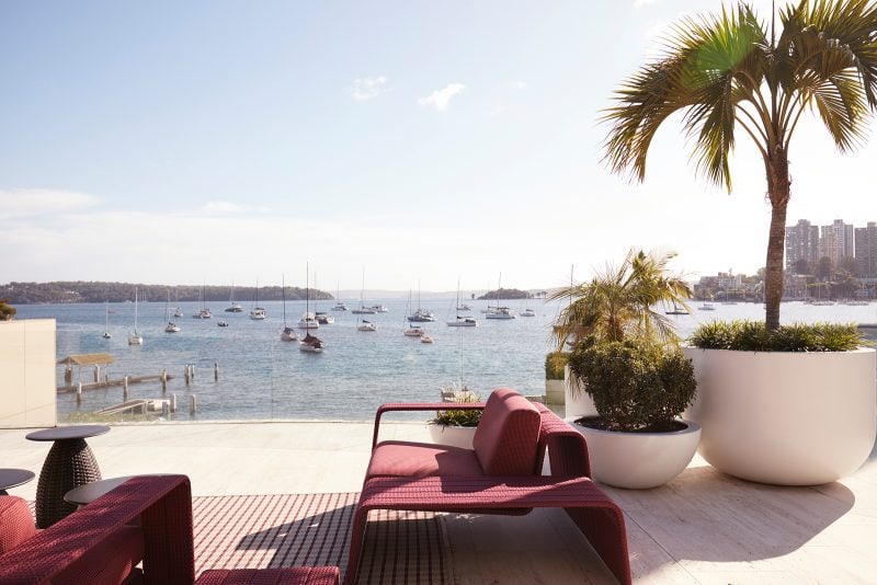 Luigi Rosselli outdoor sofa in red with potted palm trees next to it, overlooking sailboats in the Sydney harbour, apartment terrace