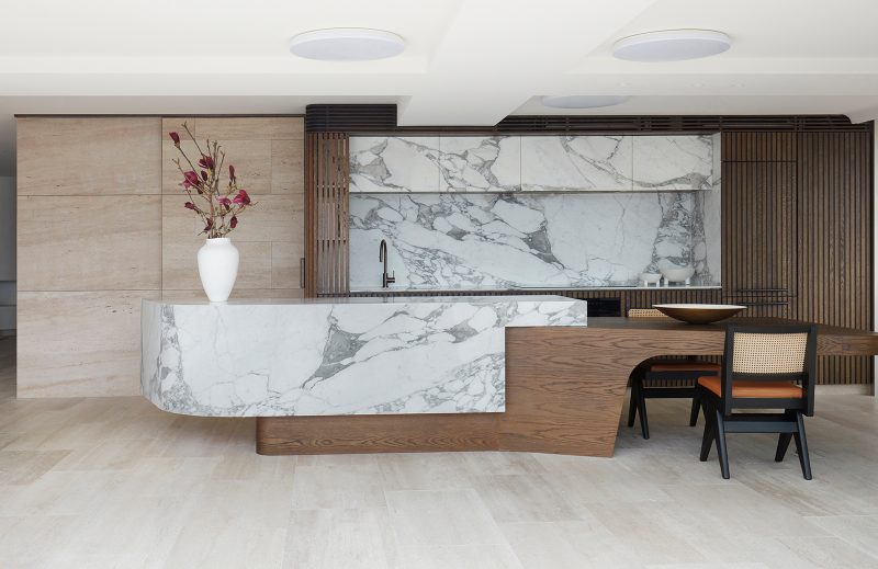 Luigi Rosselli's Upper Deck statement Calacatta Vagli marble and timber kitchen island carefully designed by Alwill Interiors