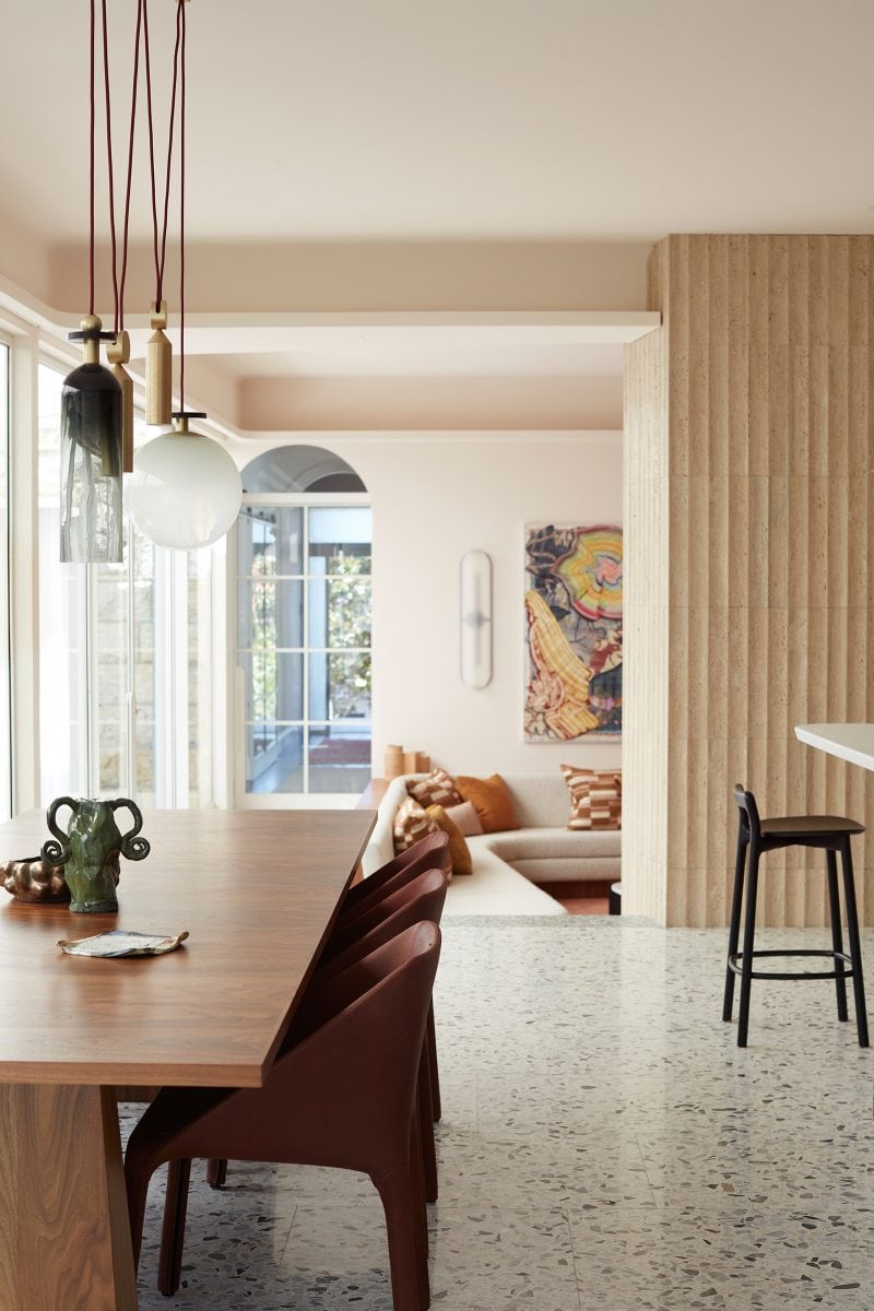 autumn palette, living and dining room relationship, terrazzo flooring
